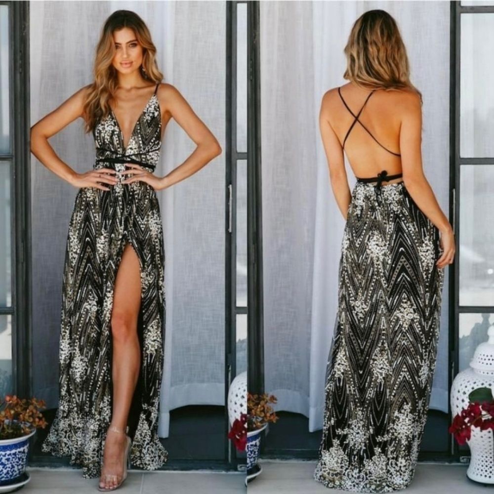 New Hello Molly Olympia Maxi Dress Black XS Glitter High Slit